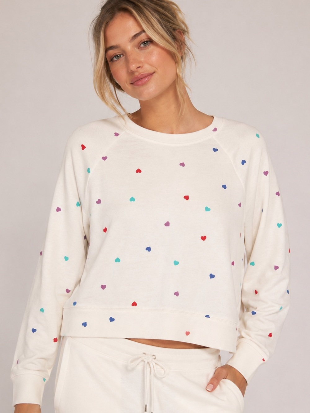 Wildfox Heart Print Relaxed Fit Cropped Sweatshirt Cream Multicolor Hearts